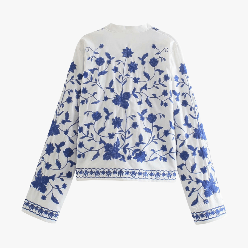 Women's White Cotton Jacket – Blue Embroidered Floral, Relaxed Fit, Flared Sleeves, Bohemian Style-67638-cf23ab33-e098-495e-9bd5-9f85b2a651b4