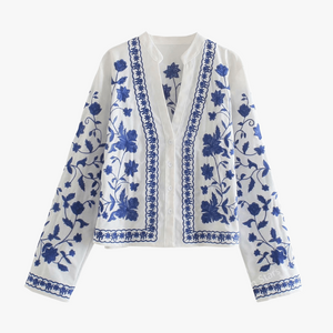 Women's White Cotton Jacket – Blue Embroidered Floral, Relaxed Fit, Flared Sleeves, Bohemian Style-67638-179bb83d-30ee-4db5-b3d8-456942752431