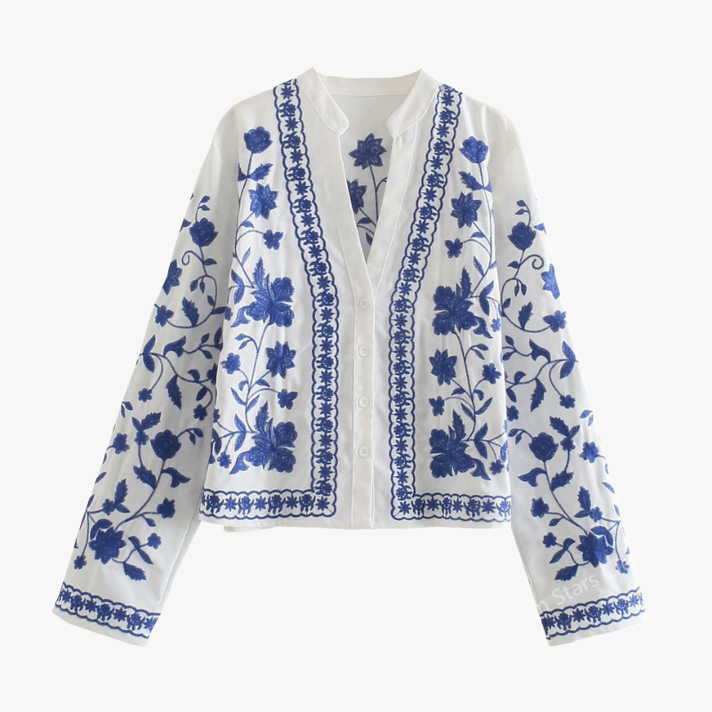 Women's White Cotton Jacket – Blue Embroidered Floral, Relaxed Fit, Flared Sleeves, Bohemian Style-67638-179bb83d-30ee-4db5-b3d8-456942752431