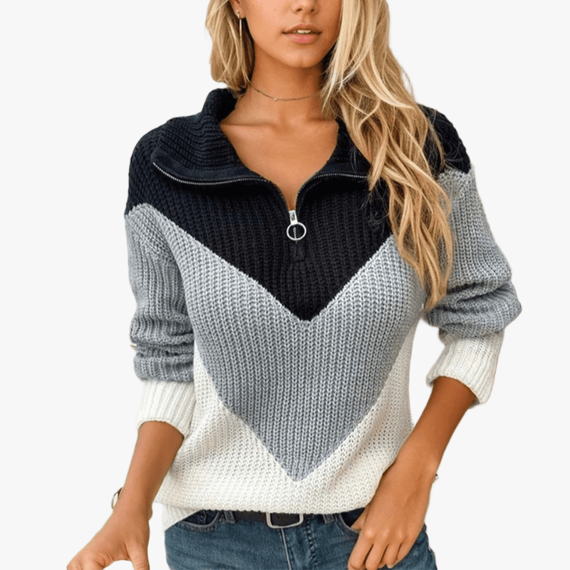 Women's Chunky Knit Sweater – Chevron Half-Zip Color Block Navy Gray White Acrylic Cotton Blend-67639-75799b1e-527b-481c-a25b-0695672467c6