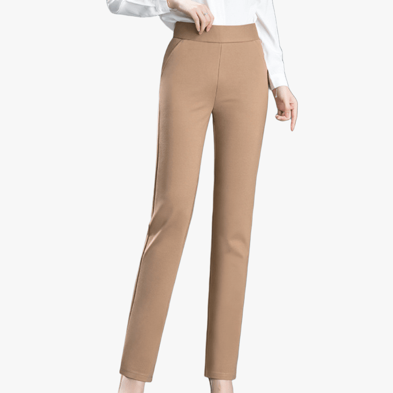 Women's Beige High-Waisted Tailored Straight-Leg Trousers with Stretch Fabric-67649-a3040a19-6a63-43ff-a2f8-2904ee764b6a