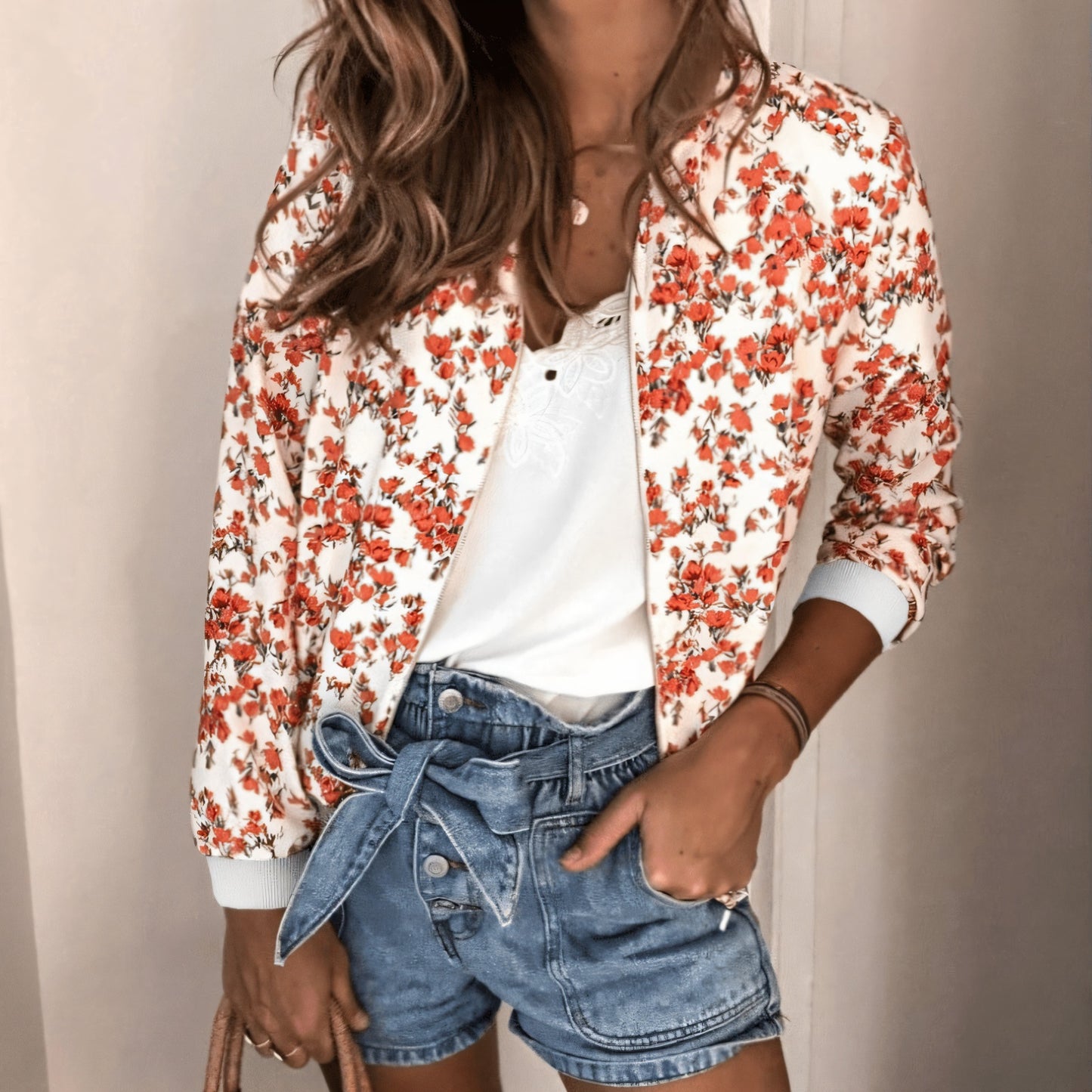 Women's Bomber Jacket – Floral Print, Lightweight, Ribbed Cuffs, Casual Chic-67657-32bd6607-e820-41b1-a724-004a243ed30e