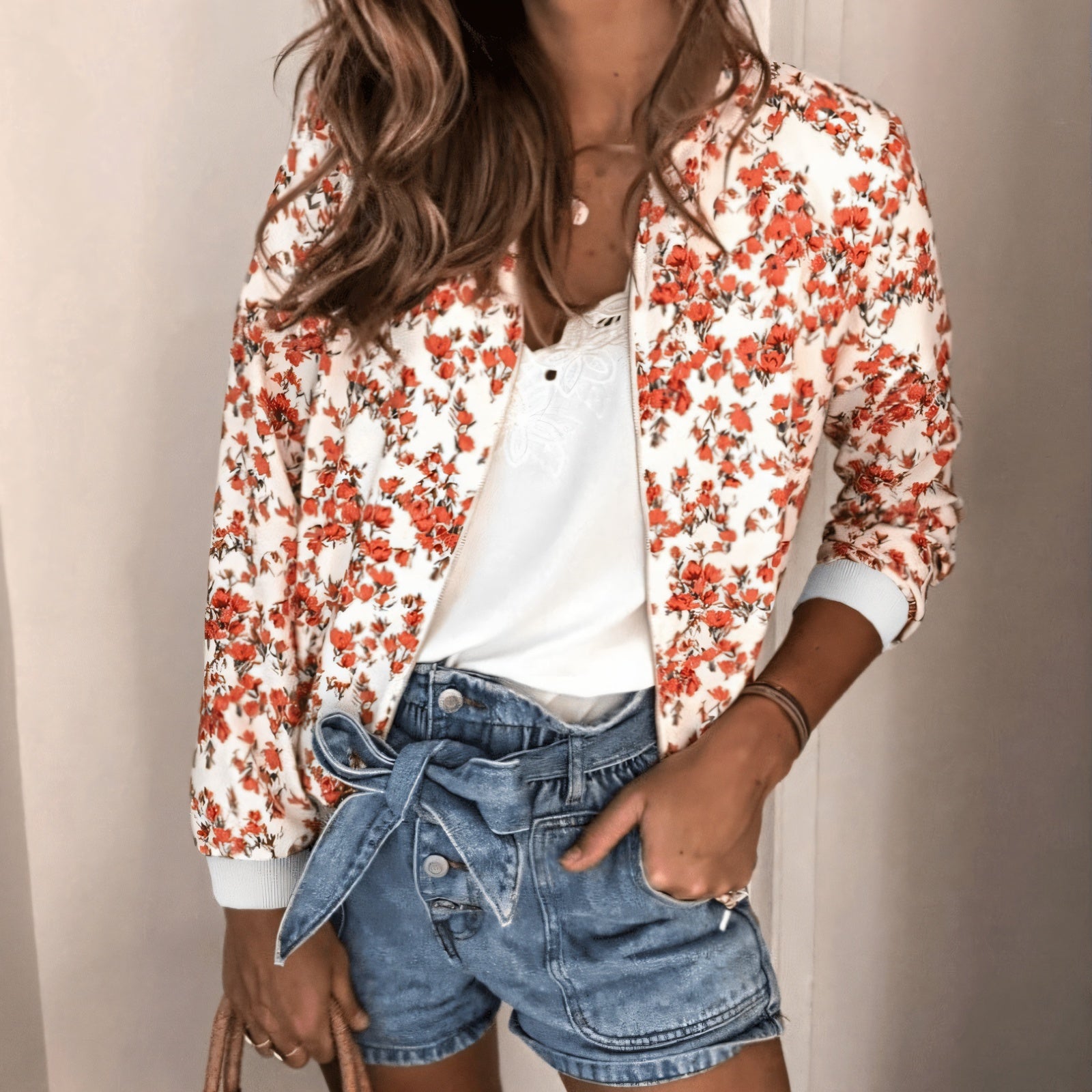 Women's Bomber Jacket – Floral Print, Lightweight, Ribbed Cuffs, Casual Chic-67657-32bd6607-e820-41b1-a724-004a243ed30e
