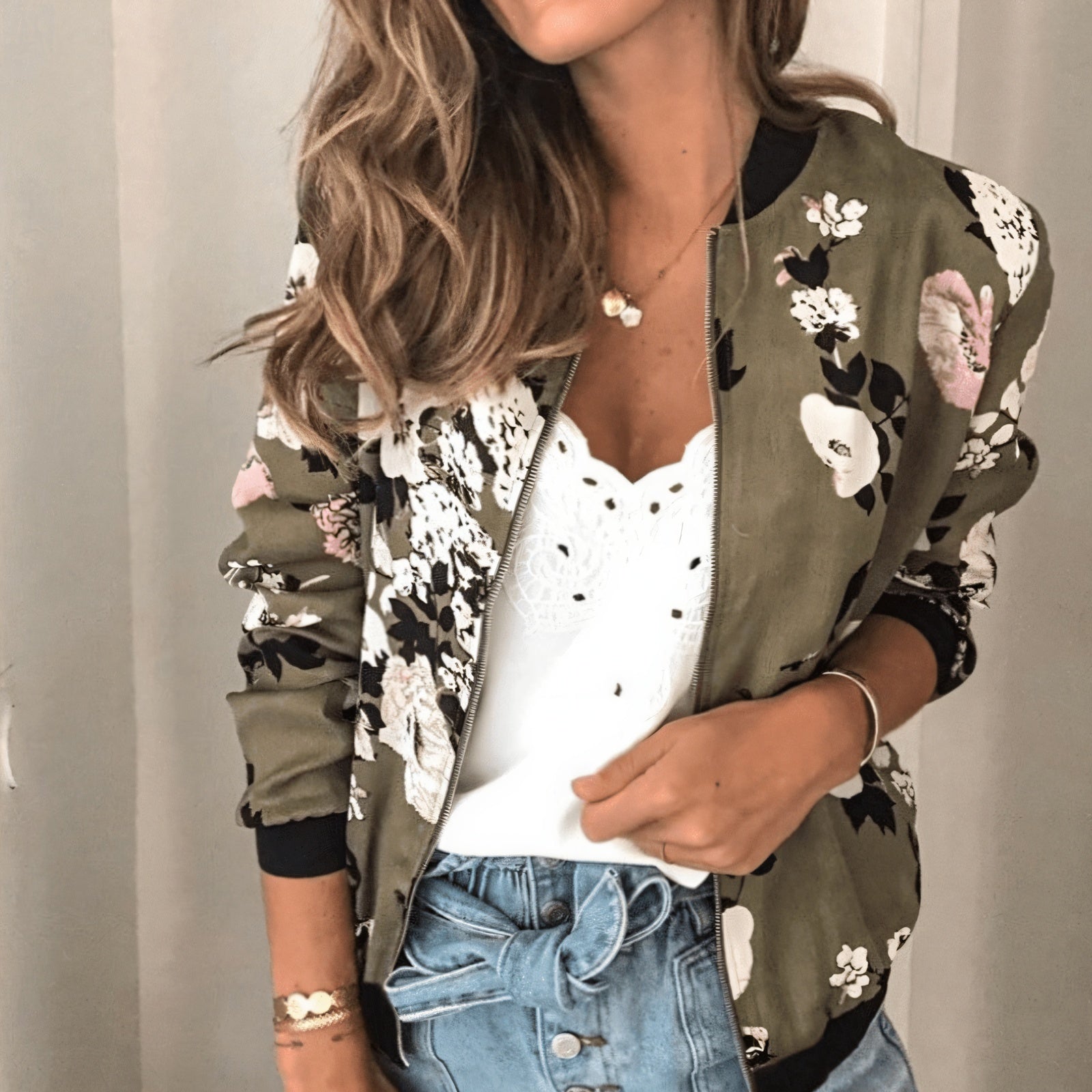 Women's Bomber Jacket – Floral Print, Lightweight, Ribbed Cuffs, Casual Chic-67657-536be252-8a14-41df-8759-dccfb58ecff7