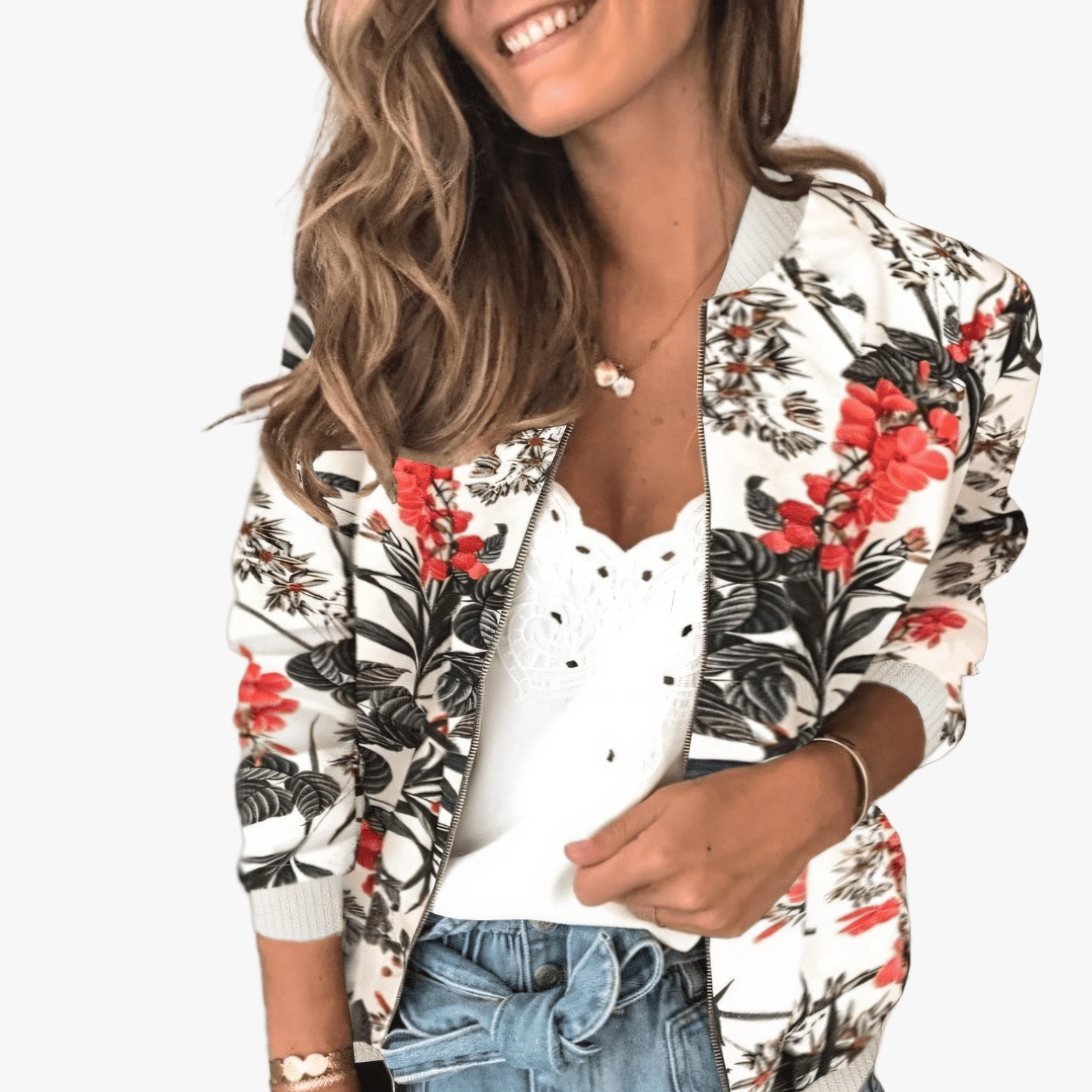 Women's Bomber Jacket – Floral Print, Lightweight, Ribbed Cuffs, Casual Chic-67657-2c5d8959-9d92-4519-b3ee-9d1245dbecea