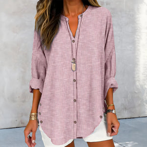 Women's Striped Button-Down Top – Cotton Blend, 3/4 Sleeves, Curved Hem, Casual Style-67658-f35c0d34-8c42-4262-a418-cc4513d4ec93