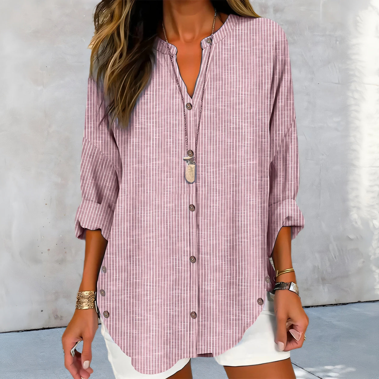 Women's Striped Button-Down Top – Cotton Blend, 3/4 Sleeves, Curved Hem, Casual Style-67658-f35c0d34-8c42-4262-a418-cc4513d4ec93