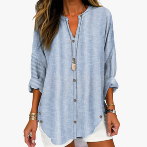 Women's Striped Button-Down Top – Cotton Blend, 3/4 Sleeves, Curved Hem, Casual Style-67658-7ec4f303-3899-4eb6-9cbe-9b6fb170f0ea