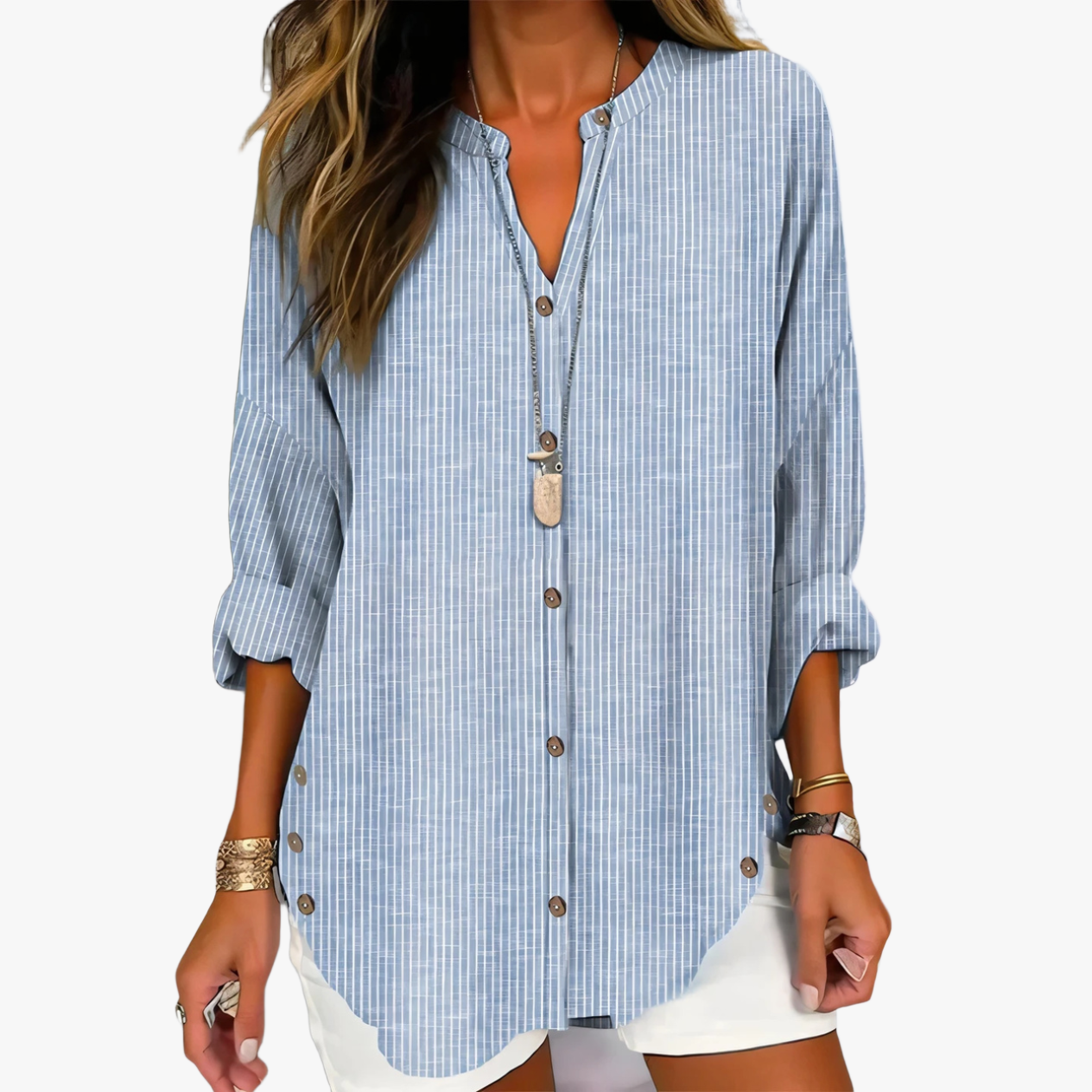 Women's Striped Button-Down Top – Cotton Blend, 3/4 Sleeves, Curved Hem, Casual Style-67658-7ec4f303-3899-4eb6-9cbe-9b6fb170f0ea