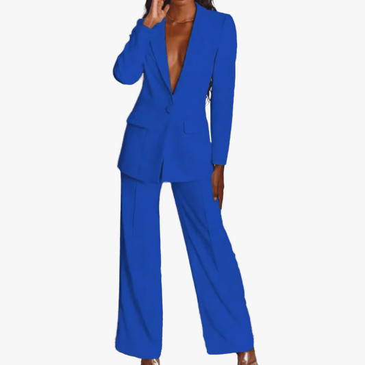 Women's Blue Suit – Deep V-Neck, Structured Shoulders, Wide-Leg Trousers, Polyester Spandex, Chic Modern Style-67661-35e54b44-339a-4474-b4be-0fd6f9490ab6