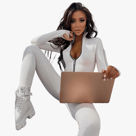 Women's Activewear Jumpsuit – White, Zippered, Long Sleeve, Form-Fitting Polyester Spandex-67663-109421a7-f9fb-407c-a2ca-56fd4ba181c3
