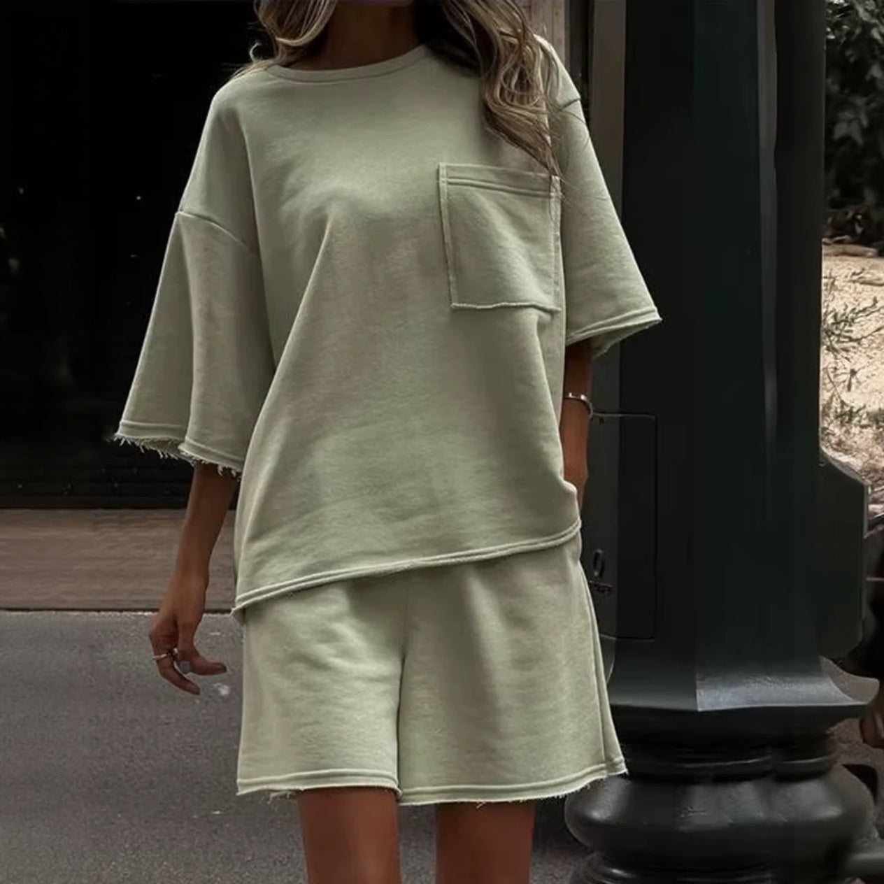 Women's White Oversized T-Shirt & Shorts Set – Cotton Blend, Dropped Shoulder-67668-55c6eec4-c295-4b60-b947-22462fe4f93c