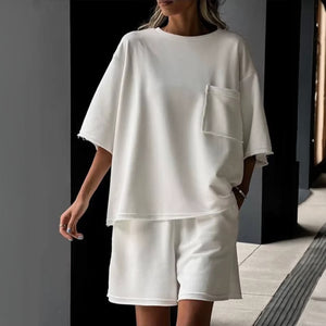 Women's White Oversized T-Shirt & Shorts Set – Cotton Blend, Dropped Shoulder-67668-88a581ed-3bca-495c-981e-8383384b3616