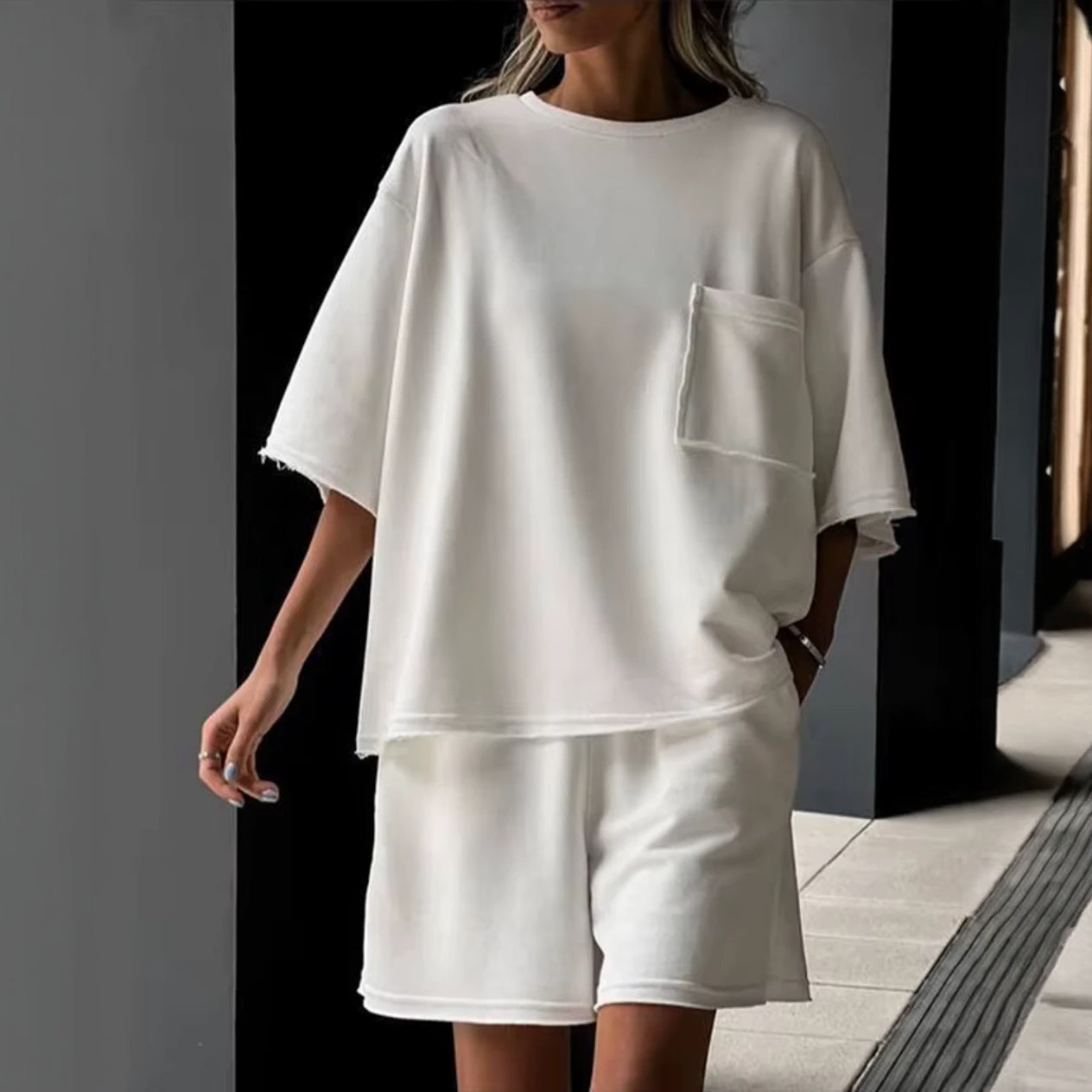 Women's White Oversized T-Shirt & Shorts Set – Cotton Blend, Dropped Shoulder-67668-88a581ed-3bca-495c-981e-8383384b3616
