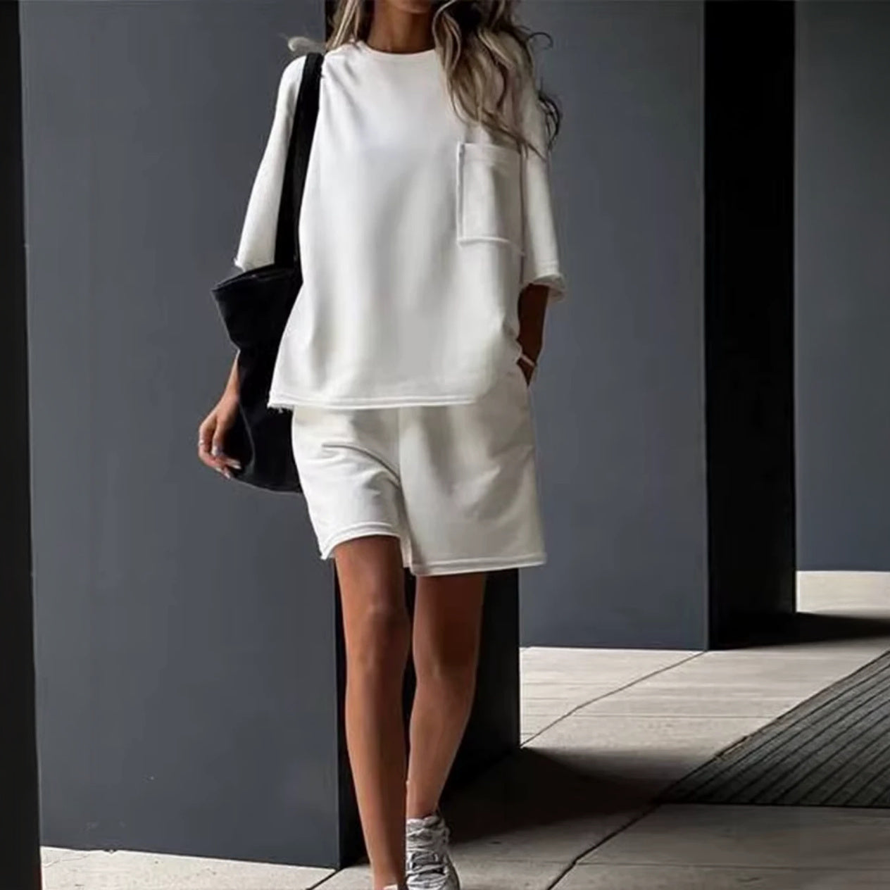 Women's White Oversized T-Shirt & Shorts Set – Cotton Blend, Dropped Shoulder-67668-1cb11aa2-9b04-4657-853b-1dbd04646d8f