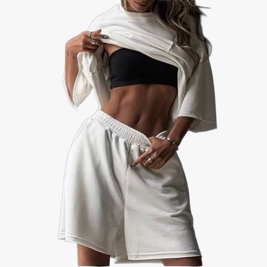 Women's White Oversized T-Shirt & Shorts Set – Cotton Blend, Dropped Shoulder-67668-ea8a142f-b40a-43d9-acf8-fa67e45c2ec6