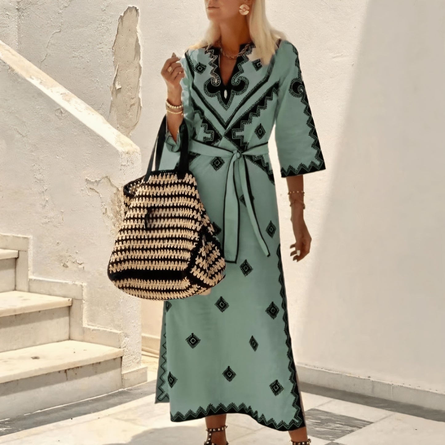 Women's White Cotton Polyester Maxi Dress – Black Geometric Print, V-Neck, 3/4 Sleeve, Bohemian-67671-ad851518-f79d-4312-a1df-dc373fcb9702