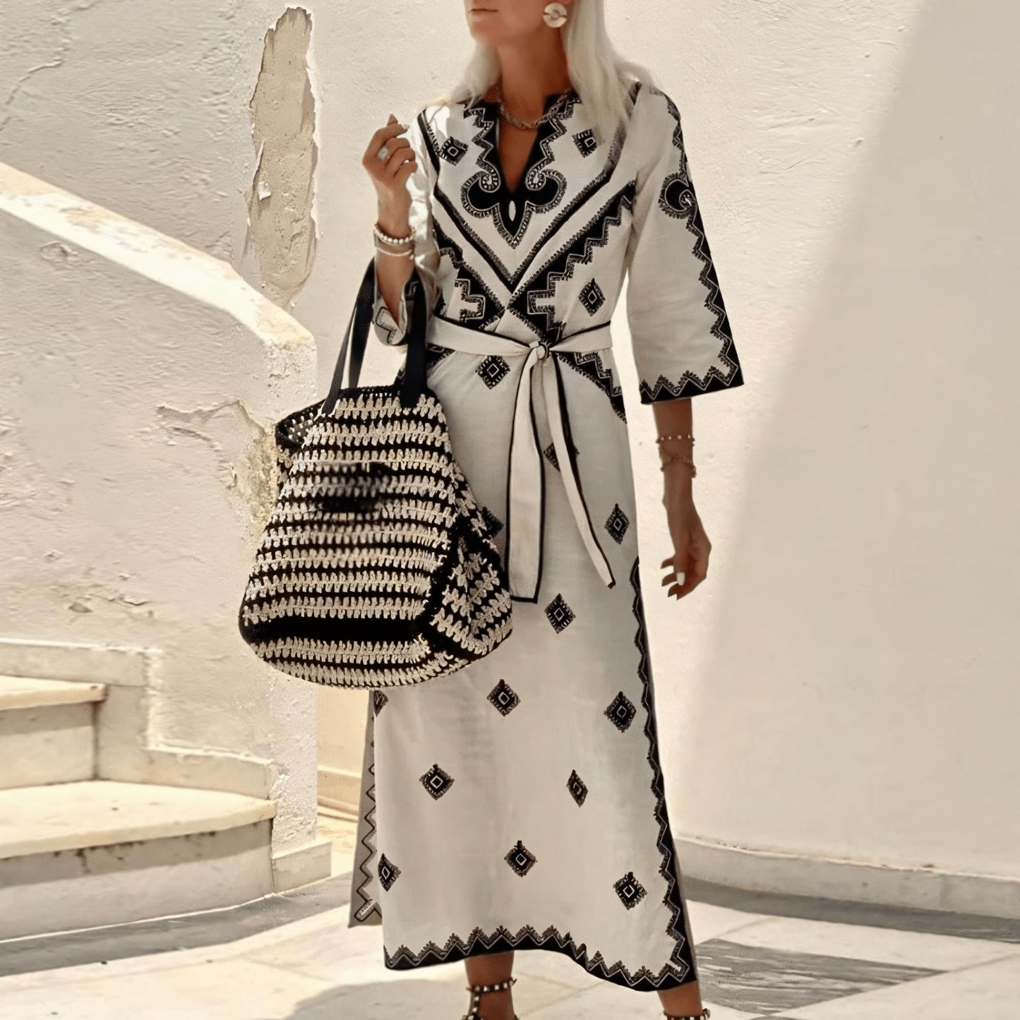 Women's White Cotton Polyester Maxi Dress – Black Geometric Print, V-Neck, 3/4 Sleeve, Bohemian-67671-0d9543ca-52c3-432c-9051-0aca49f684d7
