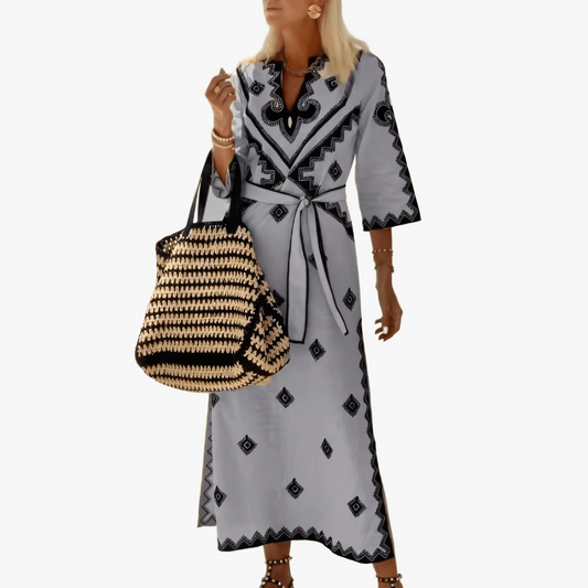 Women's White Cotton Polyester Maxi Dress – Black Geometric Print, V-Neck, 3/4 Sleeve, Bohemian-67671-16a46345-425a-4fc9-90a6-dfead1392aed