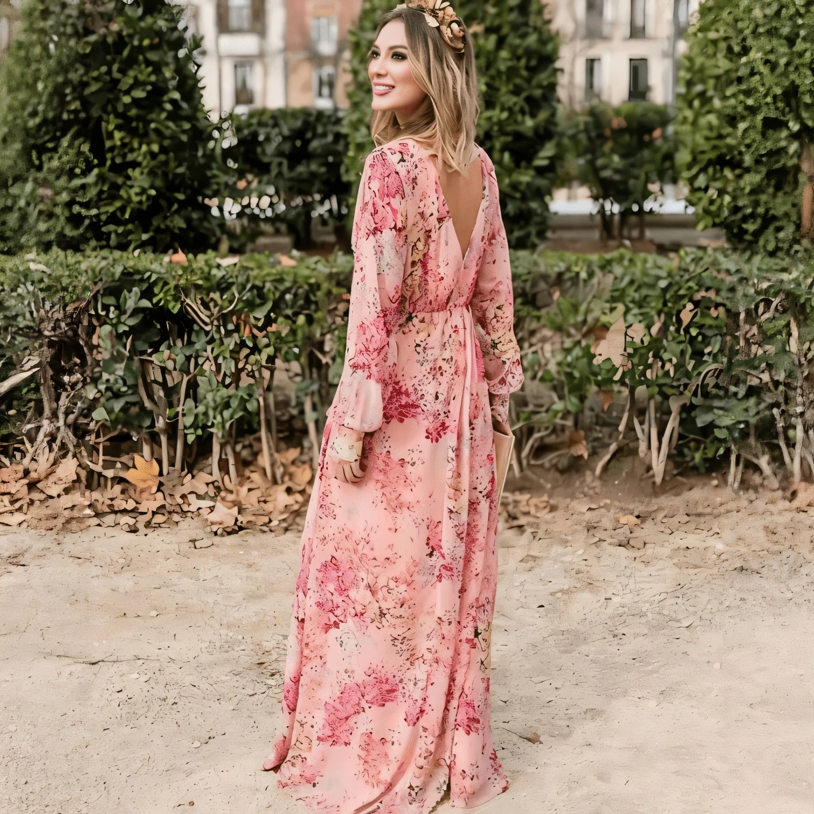 Women's Pink Floral Maxi Dress – Deep V-Neck, Long Gathered Sleeves, Sheer Fabric-67672-fb9ab9fb-6be0-47af-8c79-f6b43210363e