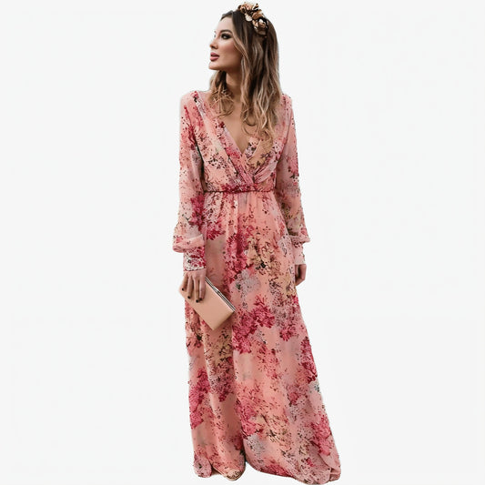 Women's Pink Floral Maxi Dress – Deep V-Neck, Long Gathered Sleeves, Sheer Fabric-67672-54be1216-68f0-4640-999b-cb20219dbb91