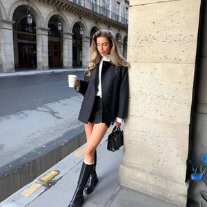 Women's Wool Blend Oversized Coat – Notched Collar, Button Front, Black/Beige-67673-0fe4bbfe-bc33-48ea-ac69-6ba5fc3d1065