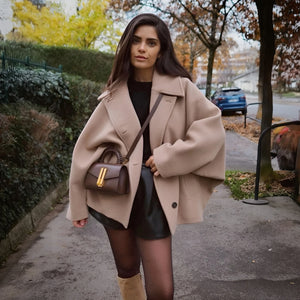 Women's Wool Blend Oversized Coat – Notched Collar, Button Front, Black/Beige-67673-b0078893-c730-4646-afb3-ddf660bac92c