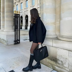 Women's Wool Blend Oversized Coat – Notched Collar, Button Front, Black/Beige-67673-520cb594-7c65-4746-8c32-a7d43d83b81f