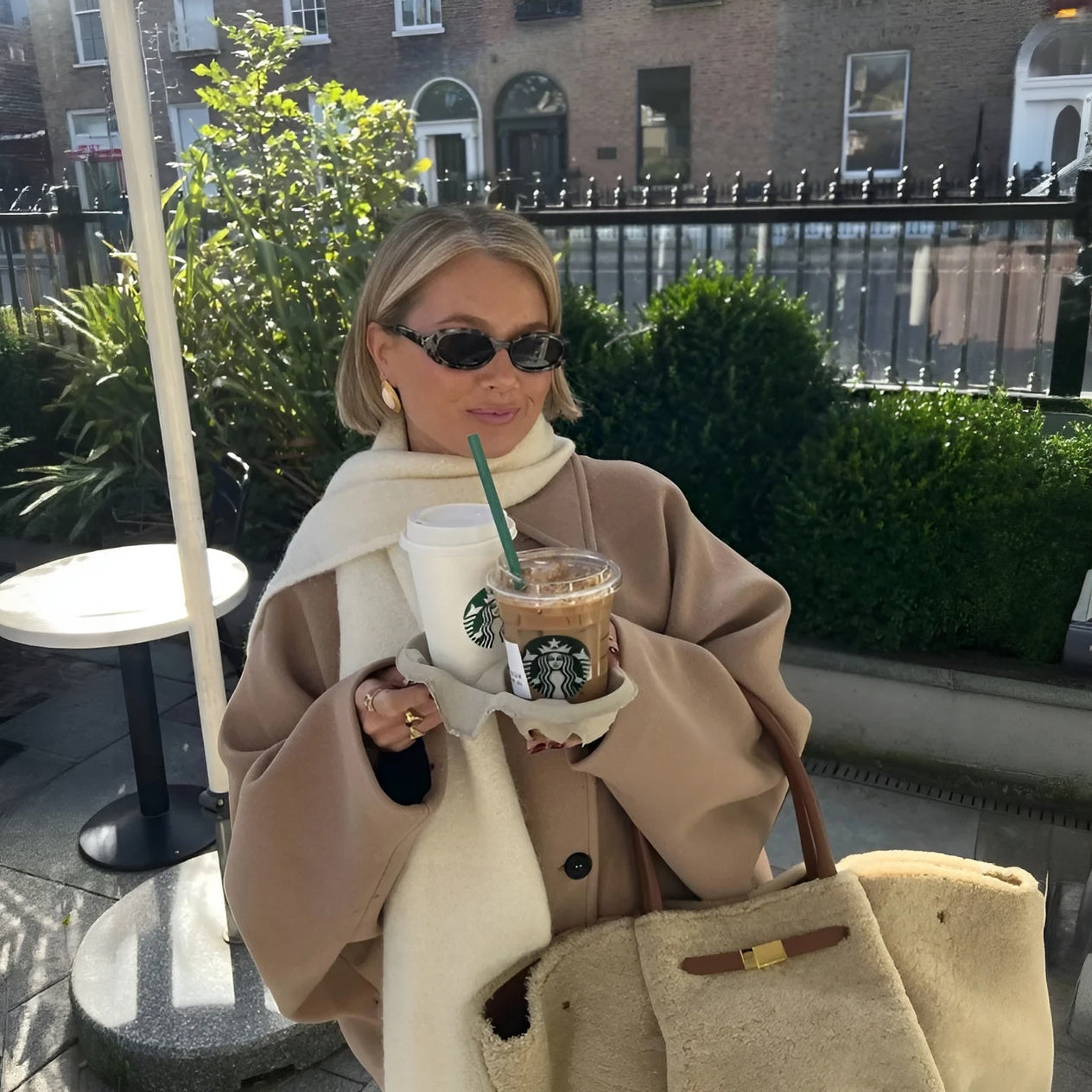 Women's Wool Blend Oversized Coat – Notched Collar, Button Front, Black/Beige-67673-381cf400-a151-4d4c-9ab1-a6f27d45547d