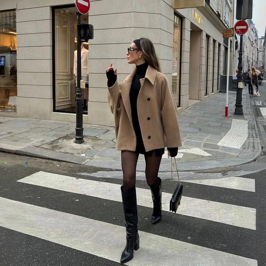 Women's Wool Blend Oversized Coat – Notched Collar, Button Front, Black/Beige-67673-e98fb777-273b-4f8c-9499-e35bd767f5d7