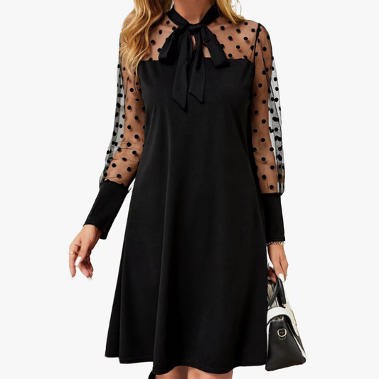 Women's Black Polyester Dress with Sheer Polka Dot Puffed Sleeves & Bow Tie Neckline-67674-15a5faf8-905e-4a97-a261-44f01788f25e