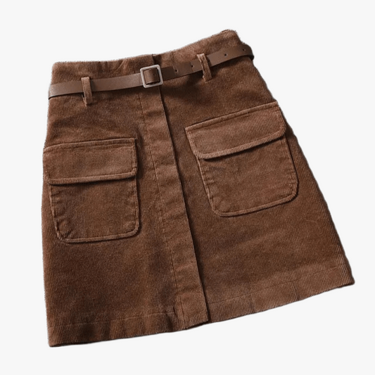 Women's Brown Corduroy A-Line Skirt – High Waist, Belted, Knee-Length-67685-9d3ce897-e7d0-489d-a071-660a31984386