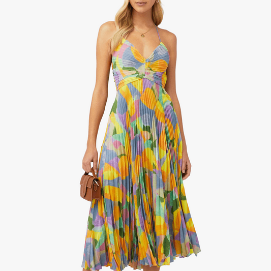 Women's Midi Dress - Multi-Colored Pleated Sweetheart Neckline Polyester Spandex-67691-3d99b188-547e-4a4d-9437-e747ffcb7678