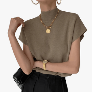Women's Knit Top – Earthy Tone High Mock Neck Short Sleeve Relaxed Fit, Modern Minimalist-67692-d06a34b8-edba-4a91-80ad-ed85370acac6