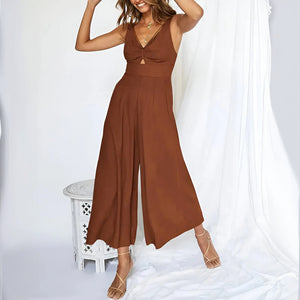 Women's Jumpsuit – Deep V-Neck, Keyhole Cutout, Wide-Leg, Cinched Waist, Lightweight Fabric, Casual Elegant-67693-6edde018-1279-4032-a9dd-4bf5b402eb5f