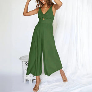 Women's Jumpsuit – Deep V-Neck, Keyhole Cutout, Wide-Leg, Cinched Waist, Lightweight Fabric, Casual Elegant-67693-e059a48d-c036-48b6-b4c4-3d50d0ff7d35