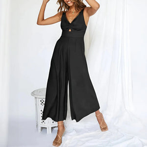 Women's Jumpsuit – Deep V-Neck, Keyhole Cutout, Wide-Leg, Cinched Waist, Lightweight Fabric, Casual Elegant-67693-cb2904a4-60dc-4329-8a95-e74b73c52df9