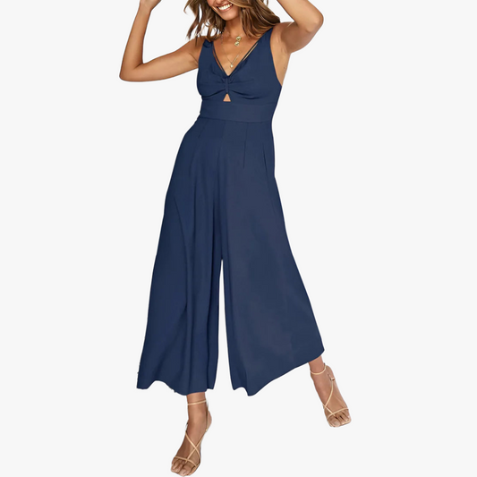 Women's Jumpsuit – Deep V-Neck, Keyhole Cutout, Wide-Leg, Cinched Waist, Lightweight Fabric, Casual Elegant-67693-c176f51f-993f-4033-845d-d84b3c644b79