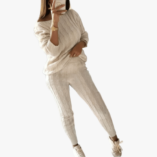Women's Beige Cable Knit Lounge Set - Relaxed Sweater & Tapered Pants-67694-4233d0df-962f-4695-961a-560b1113b60a