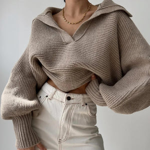 Women's Oversized Ribbed Knit Sweater – Deep V-Neck, Balloon Sleeves, Beige Cotton Blend, Contemporary-67702-b5ead4f5-f6c6-4953-9819-050f30fe8384