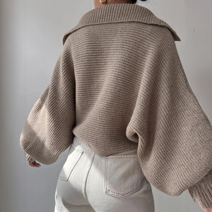 Women's Oversized Ribbed Knit Sweater – Deep V-Neck, Balloon Sleeves, Beige Cotton Blend, Contemporary-67702-830e85e9-036f-4e2a-9831-58bbfd834b47