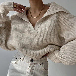 Women's Oversized Ribbed Knit Sweater – Deep V-Neck, Balloon Sleeves, Beige Cotton Blend, Contemporary-67702-87b2c6ce-9f4c-49a8-bd7c-0a3a57c60a99