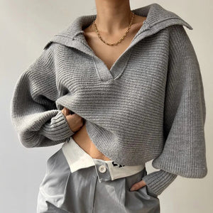Women's Oversized Ribbed Knit Sweater – Deep V-Neck, Balloon Sleeves, Beige Cotton Blend, Contemporary-67702-cb1b7273-1d36-4d51-9cce-d1d5ffb122b7