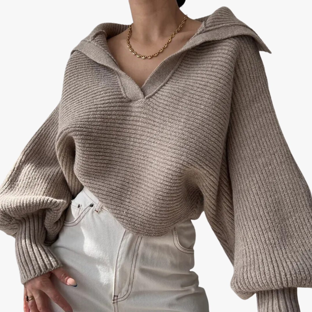 Women's Oversized Ribbed Knit Sweater – Deep V-Neck, Balloon Sleeves, Beige Cotton Blend, Contemporary-67702-1f943159-39d5-4b9d-ac71-abce9f593a03