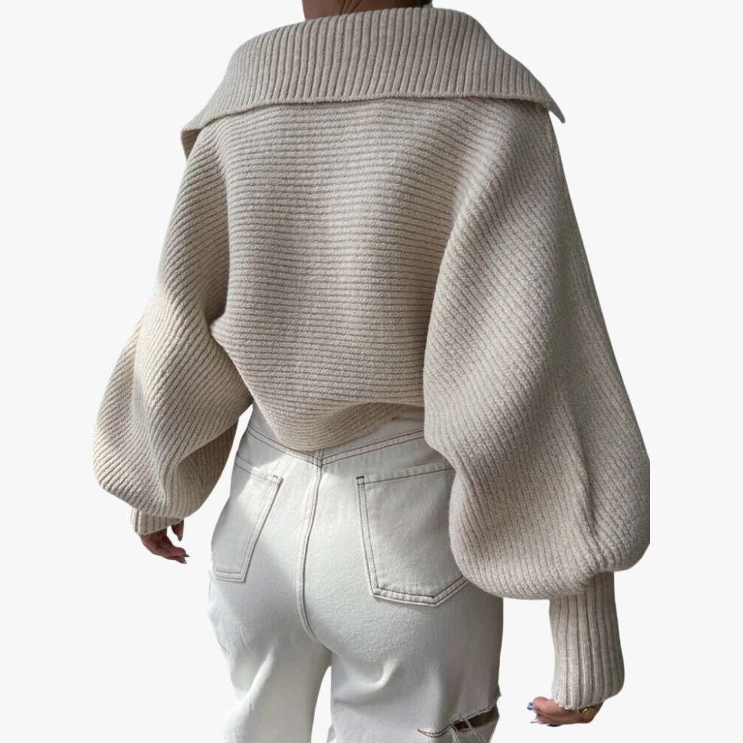 Women's Oversized Ribbed Knit Sweater – Deep V-Neck, Balloon Sleeves, Beige Cotton Blend, Contemporary-67702-81a52d7a-556e-4f20-a6ae-1c4a7a4c7a54