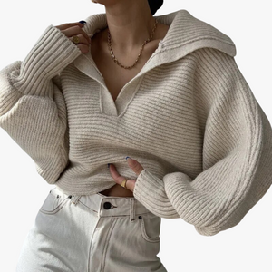 Women's Oversized Ribbed Knit Sweater – Deep V-Neck, Balloon Sleeves, Beige Cotton Blend, Contemporary-67702-0b8eec47-907e-4932-8877-89bfa8e69056