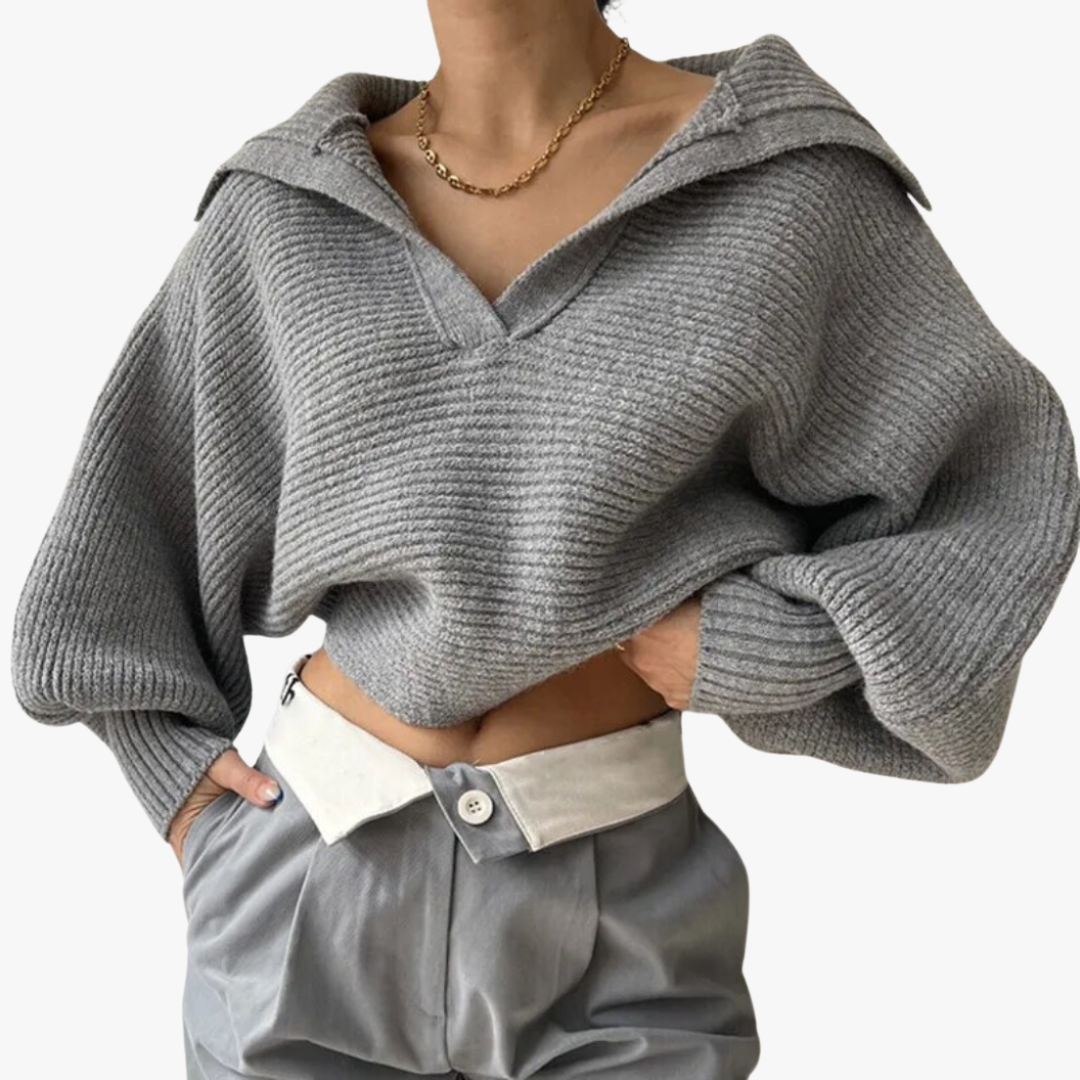Women's Oversized Ribbed Knit Sweater – Deep V-Neck, Balloon Sleeves, Beige Cotton Blend, Contemporary-67702-fa1fe221-d021-4fce-aa44-33a1cc54acff