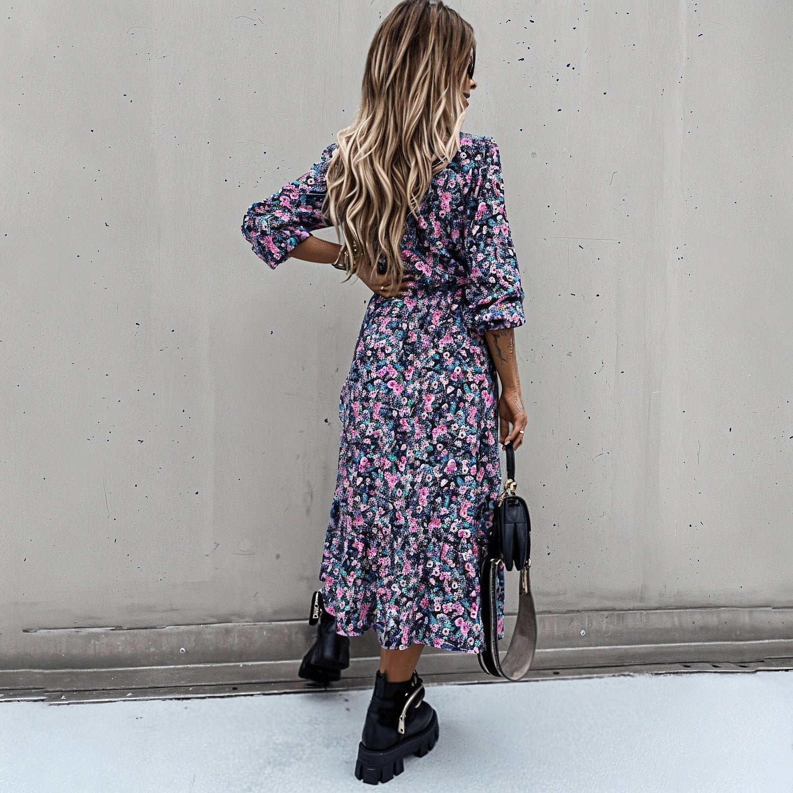 Women's Maxi Dress - Dark Blue Floral, Cinched Waist, High Slit, Lightweight Fabric-67703-2f99be92-f8a9-4e24-965b-a55d3d3a4221