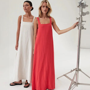 Women's Light Beige Cotton-Linen Maxi Dress – Vertical Stripe, Square Neck, Ankle-Length-67706-6f82ed9c-7b9c-41df-8c4e-de76e95c4e97