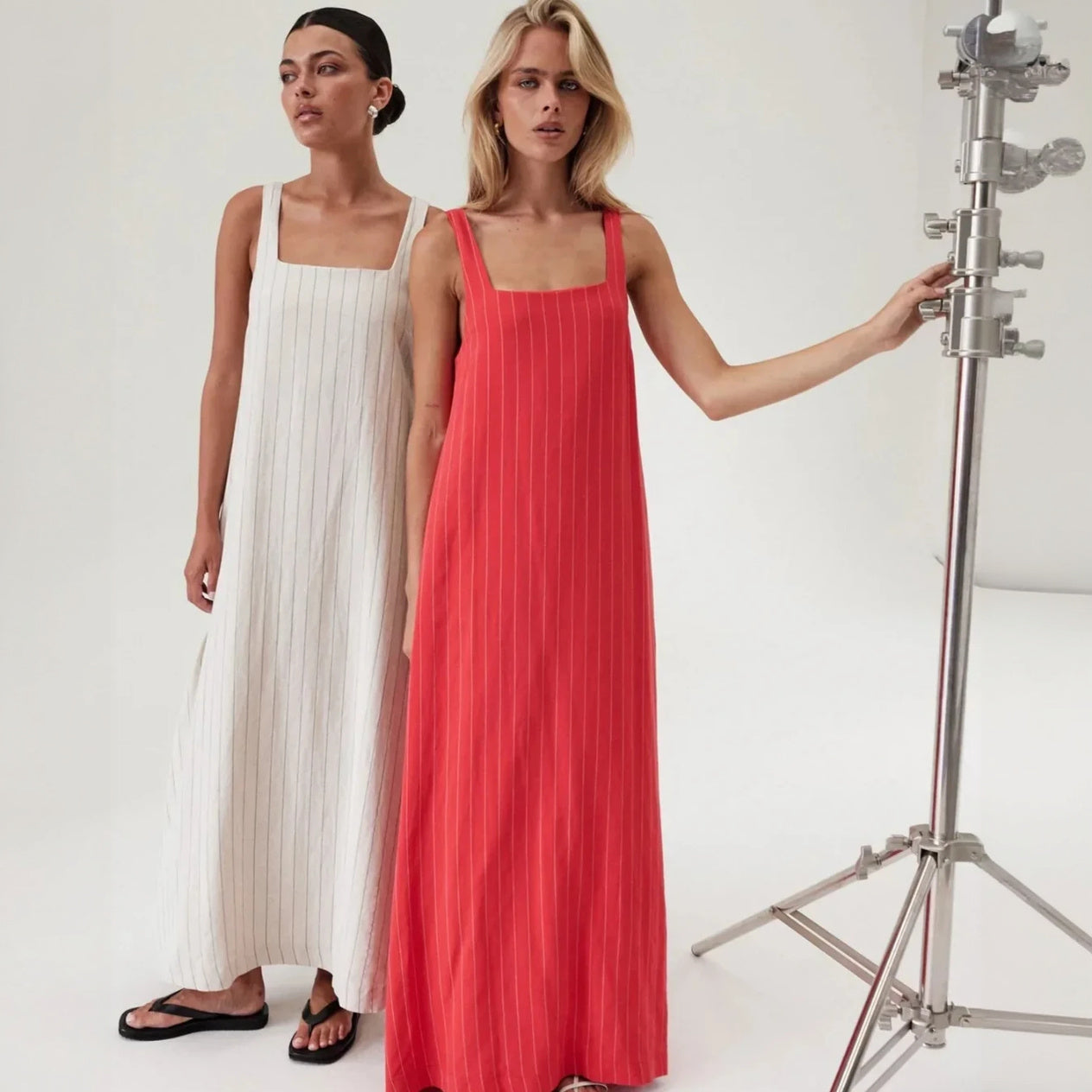 Women's Light Beige Cotton-Linen Maxi Dress – Vertical Stripe, Square Neck, Ankle-Length-67706-6f82ed9c-7b9c-41df-8c4e-de76e95c4e97